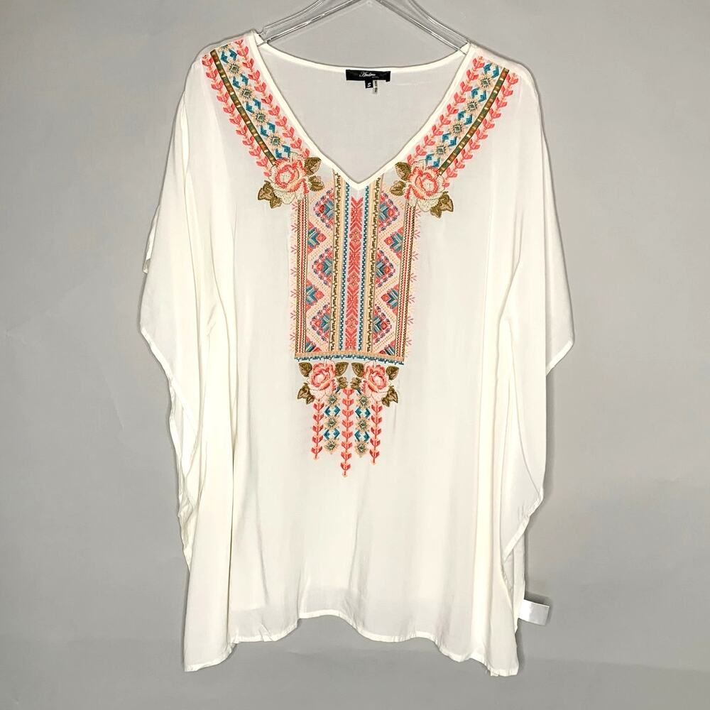 Andree S Womens Embroidered Oversize Tunic Top White Relaxed Boho Relaxed
